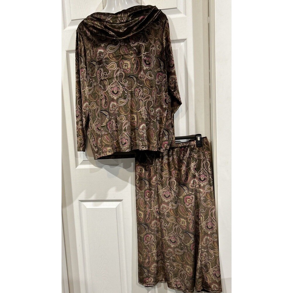Susan Graver Green & Pink Paisley Velour Skirt Draped Neck Tunic Suit Plus 1X